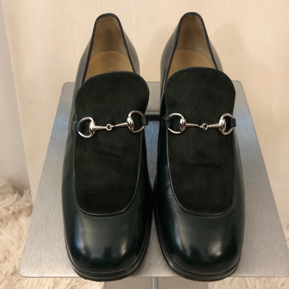 Gucci calf hair horsebit heeled loafer dark green
